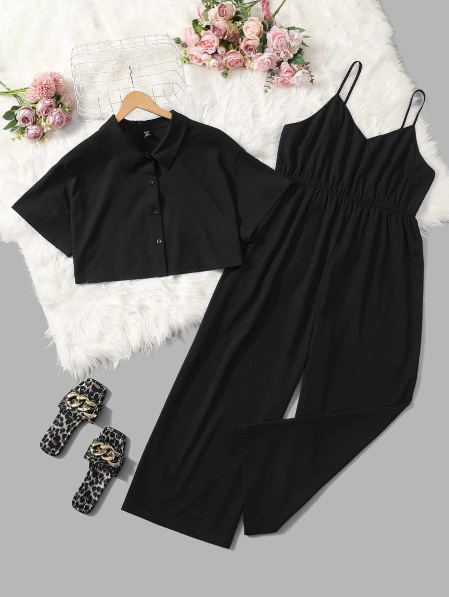 SHEIN Clasi Plus Solid Cami Jumpsuit & Button Through Shirt - Black - View 1