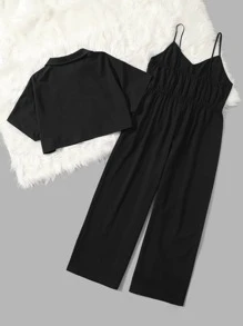 SHEIN Clasi Plus Solid Cami Jumpsuit & Button Through Shirt - Black - View 2