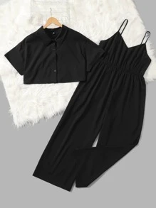 SHEIN Clasi Plus Solid Cami Jumpsuit & Button Through Shirt - Black - View 3
