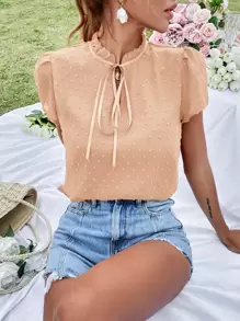 SHEIN VCAY 圓點泡泡袖繫帶領襯衫 - 珊瑚橙 - 查看 1