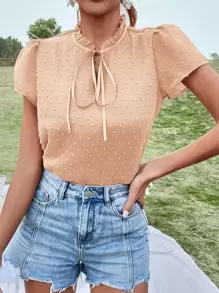 SHEIN VCAY 圓點泡泡袖繫帶領襯衫 - 珊瑚橙 - 查看 3