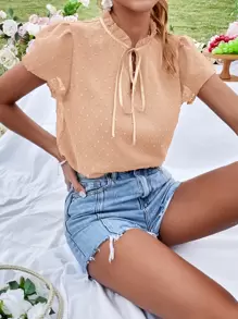 SHEIN VCAY 圓點泡泡袖繫帶領襯衫 - 珊瑚橙 - 查看 5