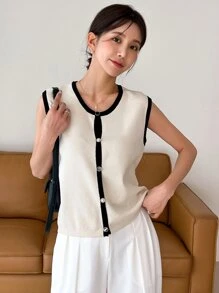 DAZY 對比色邊框前開釦毛衣背心 - 杏色 - 查看 7