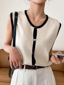DAZY 對比色邊框前開釦毛衣背心 - 杏色 - 查看 5