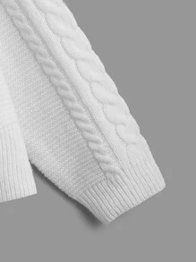 ROMWE Kawaii Himekaji Cable Knit Drop Shoulder Hooded Cardigan, School - White - View 4