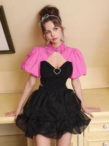 SHEIN MOD Blusa de color combinado con abertura delantera de manga farol - Multicolor - Ver 5