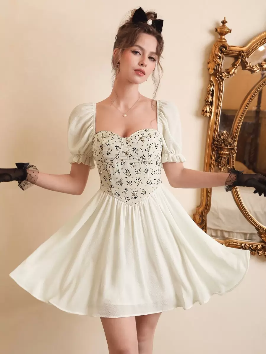 SHEIN MOD Floral Print Puff Sleeve Dress - Multicolor - View 1