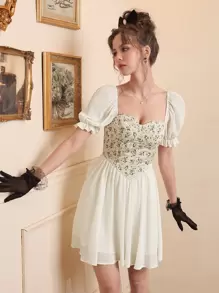 SHEIN MOD Floral Print Puff Sleeve Dress - Multicolor - View 5