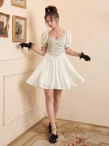 SHEIN MOD Floral Print Puff Sleeve Dress - Multicolor - View 4