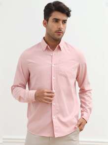 Manfinity VCAY 宽松版型男士纯色口袋贴片弧形下摆衬衫 - 淺粉色 - 查看 3