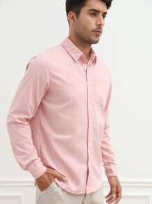 Manfinity VCAY 宽松版型男士纯色口袋贴片弧形下摆衬衫 - 淺粉色 - 查看 5