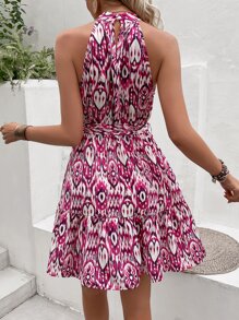 TrendSteals Allover Print Ruffle Hem Belted Halter Dress - Multicolor - View 2