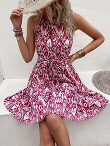 TrendSteals Allover Print Ruffle Hem Belted Halter Dress - Multicolor - View 4