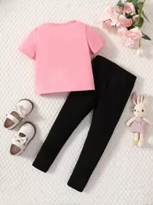 SHEIN 2pcs Set Young Girl Casual Cat Print Short Sleeve T-Shirt And Black Cat Print Pants, Comfortable Cotton Spring Summer Outfits,Holiday,Summer,Travel