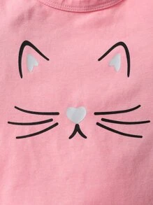 SHEIN 2pcs Set Young Girl Casual Cat Print Short Sleeve T-Shirt And Black Cat Print Pants, Comfortable Cotton Spring Summer Outfits,Holiday,Summer,Travel