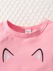 SHEIN 2pcs Set Young Girl Casual Cat Print Short Sleeve T-Shirt And Black Cat Print Pants, Comfortable Cotton Spring Summer Outfits,Holiday,Summer,Travel