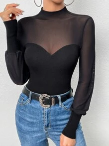 SHEIN Privé Contrast Mesh Mock Neck Jumper - Black - View 6