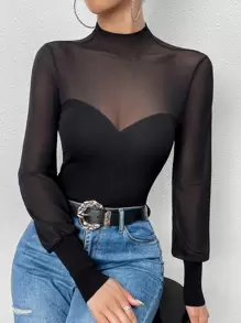 SHEIN Privé Contrast Mesh Mock Neck Jumper - Black - View 1