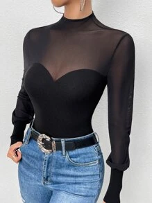 SHEIN Privé Contrast Mesh Mock Neck Jumper - Black - View 3