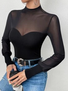 SHEIN Privé Contrast Mesh Mock Neck Jumper - Black - View 4