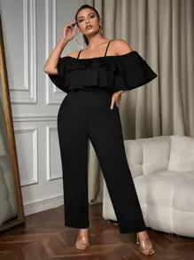 SHEIN SXY Plus Cold Shoulder Ruffle Trim Jumpsuit - Black - View 1