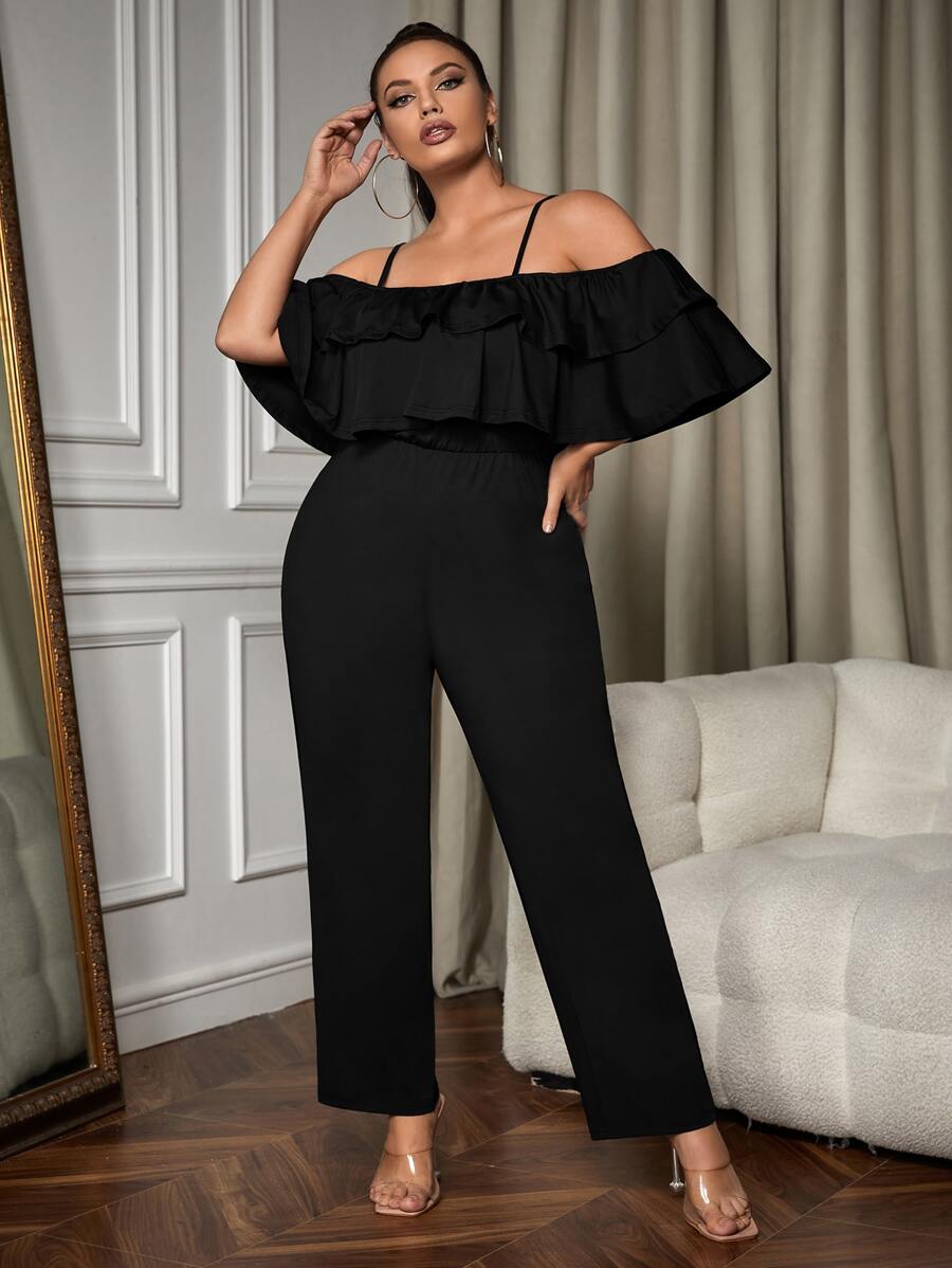 SHEIN SXY Plus Cold Shoulder Ruffle Trim Jumpsuit - Black - View 1