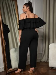 SHEIN SXY Plus Cold Shoulder Ruffle Trim Jumpsuit - Black - View 2