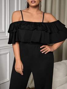 SHEIN SXY Plus Cold Shoulder Ruffle Trim Jumpsuit - Black - View 3
