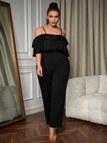 SHEIN SXY Plus Cold Shoulder Ruffle Trim Jumpsuit - Black - View 4