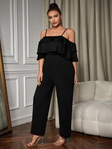 SHEIN SXY Plus Cold Shoulder Ruffle Trim Jumpsuit - Black - View 6