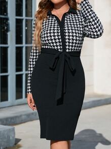 SHEIN Clasi 大碼千鳥格印花腰帶緊身連衣裙 - 黑與白 - 查看 1