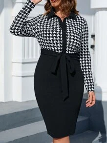 SHEIN Clasi 大碼千鳥格印花腰帶緊身連衣裙 - 黑與白 - 查看 5