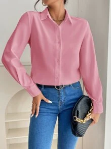SHEIN PETITE Camisa unicolor con botón delantero - Rosa - Ver 1