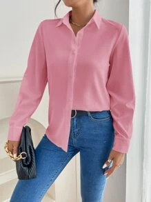 SHEIN PETITE Camisa unicolor con botón delantero - Rosa - Ver 5