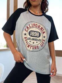 SHEIN MOOSTA Letter Graphic Raglan Sleeve Tee Graphic Tees Women Tops - Grey - View 5