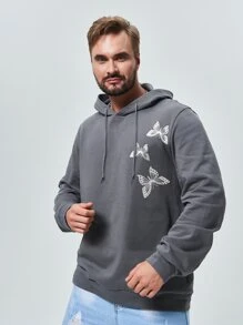 男士蝴蝶圖案落肩袖抽繩連帽衫 - 深灰色 - 查看 1