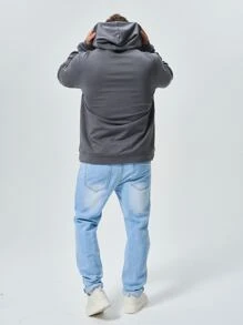 男士蝴蝶圖案落肩袖抽繩連帽衫 - 深灰色 - 查看 2