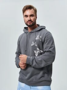 男士蝴蝶圖案落肩袖抽繩連帽衫 - 深灰色 - 查看 3