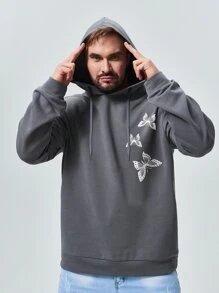 男士蝴蝶圖案落肩袖抽繩連帽衫 - 深灰色 - 查看 4