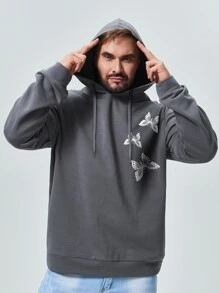 男士蝴蝶圖案落肩袖抽繩連帽衫 - 深灰色 - 查看 5