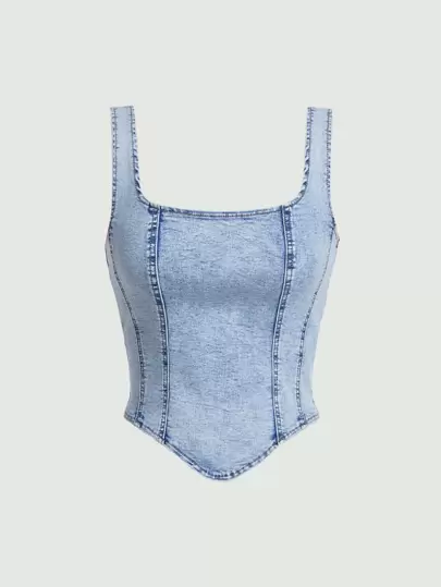 SHEIN MOD Square Neck Hanky Hem Tank Denim Top, Vintage