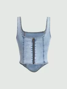 SHEIN MOD 方領手帕下擺背心牛仔上衣 - 淺色水洗藍 - 查看 3