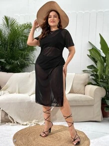 大尺寸純色掛脖比基尼套裝（附遮蓋夏季海灘） - 黑色 - 查看 3