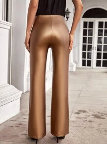 SHEIN BAE Solid Flare Leg PU Leather Trousers - Khaki - View 2