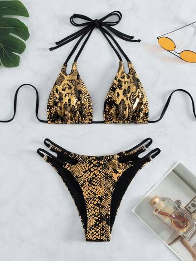 2pcs/Set Black & Gold Foil Fabric Sexy Side Ring Chain Drawstring Bikini Set Set, Spring/Summer 2026