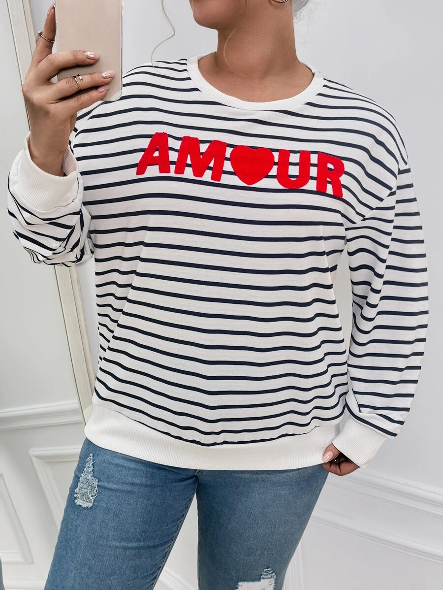 Plus Striped & Letter Graphic Drop Shoulder Sweatshirt - Black and White - View 1