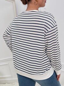 Plus Striped & Letter Graphic Drop Shoulder Sweatshirt - Black and White - View 2