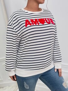 Plus Striped & Letter Graphic Drop Shoulder Sweatshirt - Black and White - View 4
