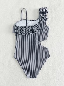 Teen Girls Striped Ruffle Trim Cut Out One Piece Swimsuit - Black and White - View 2