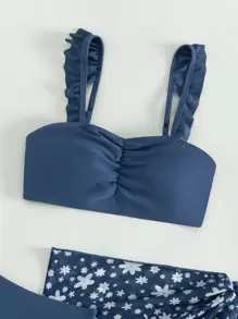 Sparklyn 青少年女孩褶皱荷叶边比基尼套装搭配花卉印花沙滩裙夏季海滩